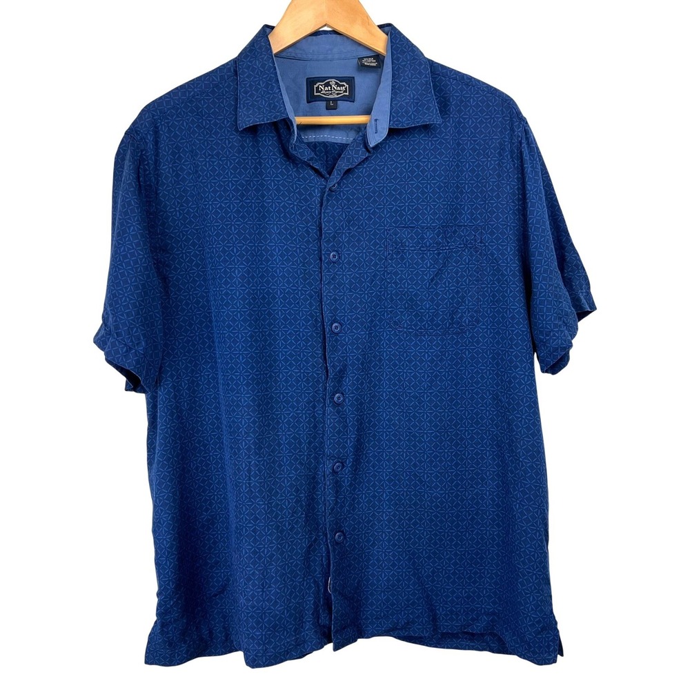Nat Nast Mens L Silk Cotton Blue Geometric Starburst Short Sleeve Shirt L Preppy